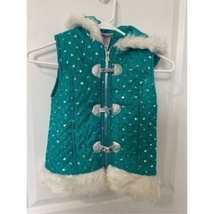 Girls Little Lass Quilted Teal Vest with silver hearts vest Size 6